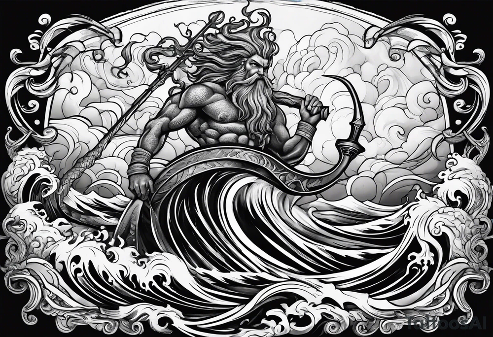 Kraken wrapping Poseidon thrusting trident stormy sea tattoo idea