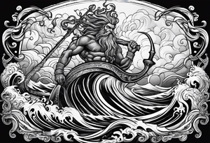 Kraken wrapping Poseidon thrusting trident stormy sea tattoo idea
