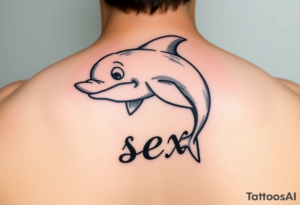 Cartoon dolphin with a mischievous face and the word sex tattoo idea