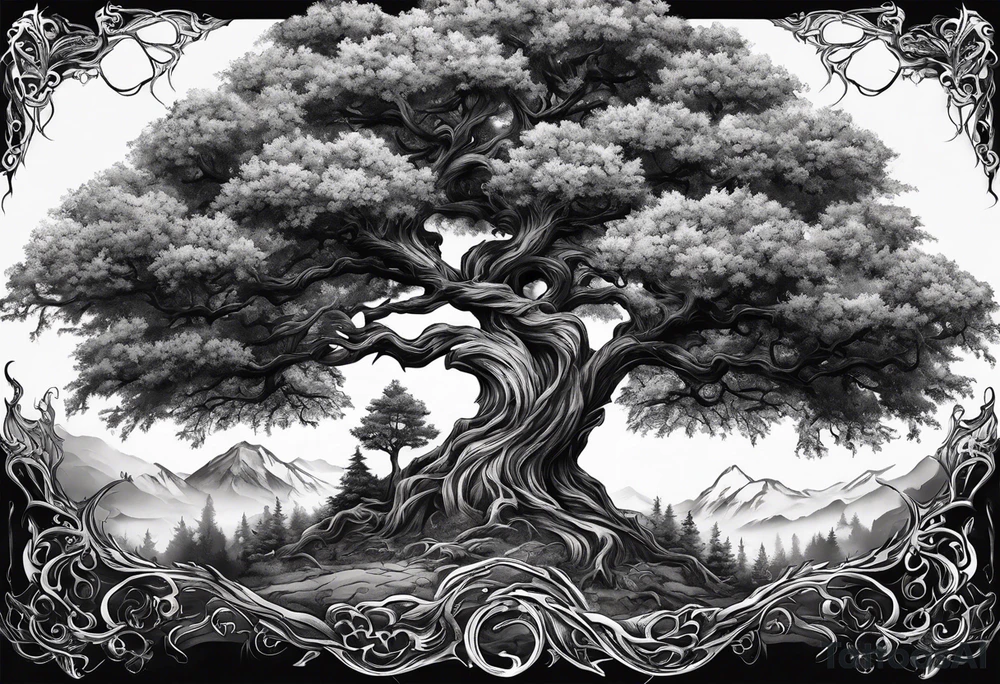 Tree of yigdrassil made from dragon with skull outline tattoo idea
