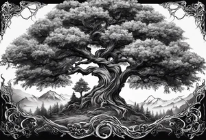 Tree of yigdrassil made from dragon with skull outline tattoo idea