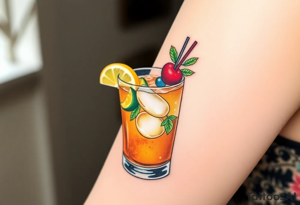 Fun island vacation cocktail in a rocks glass with fun garnishes. About 2 inches tattoo idea
