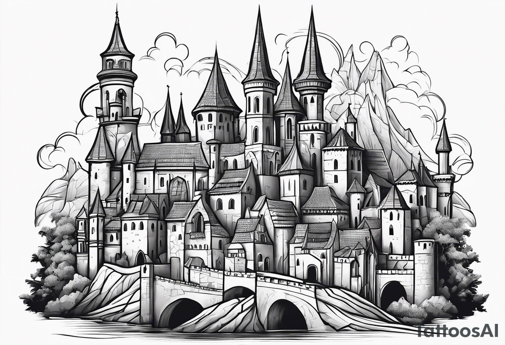 medieval tribal city land vignette tattoo idea