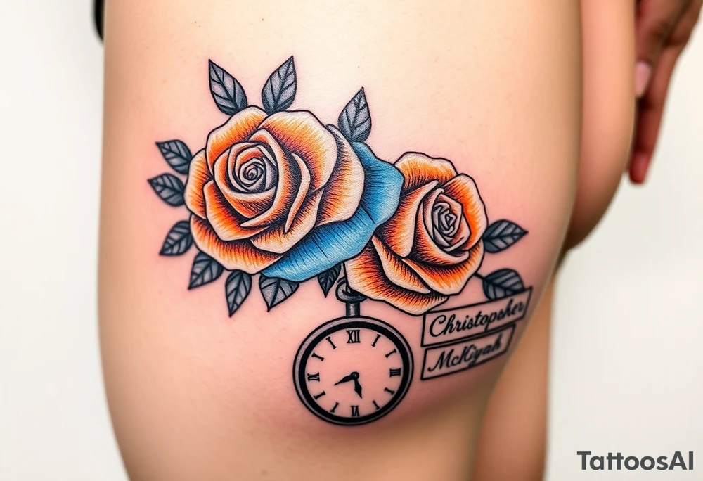 2 Blue and orange roses with a clock on the thigh with name plates saying Christopher Prince and McKiyah tattoo idea