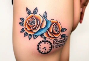 2 Blue and orange roses with a clock on the thigh with name plates saying Christopher Prince and McKiyah tattoo idea