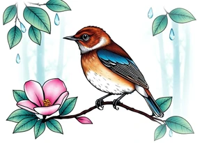 green forest background
blue rain drops
pink camelia flower
blue brown wren bird tattoo idea