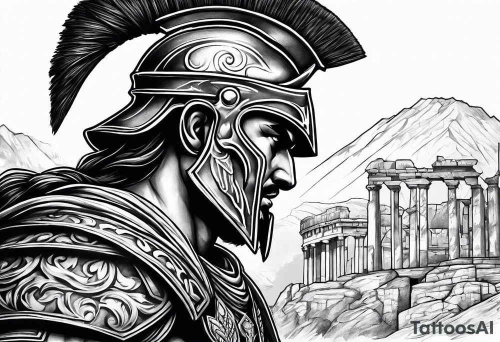 Side profile Spartan Solider ancient roman city in the background tattoo idea