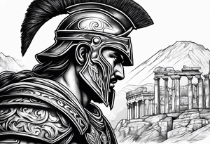 Side profile Spartan Solider ancient roman city in the background tattoo idea