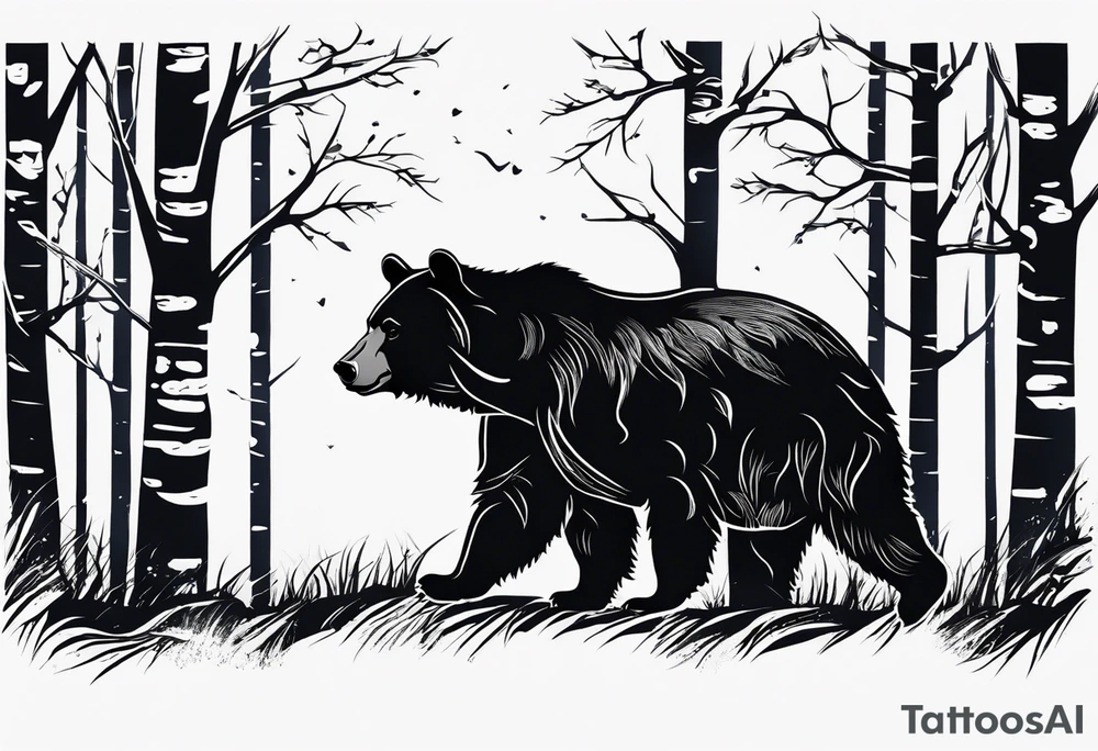 bear silhouette, birch tree, ankle band tattoo idea