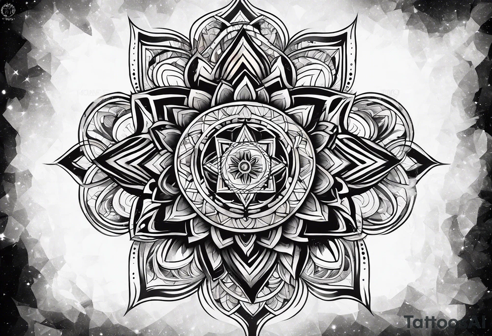 front knee tattoo with sacred geometry, swirls & washes, background washes tattoo idea