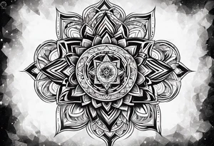front knee tattoo with sacred geometry, swirls & washes, background washes tattoo idea
