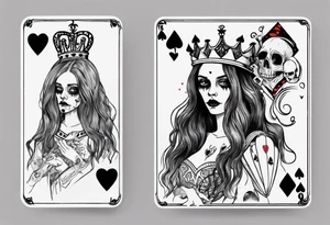 creepy queen of hearts card, queen with long hair, blank eyes and holding a skull tattoo idea