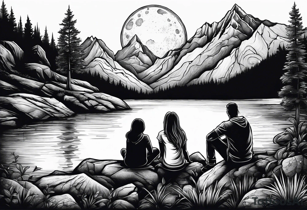 a family of three sitting in a nature with mountains, waterfall, water, and a cross in the background and and moon in the sky with stars tattoo idea