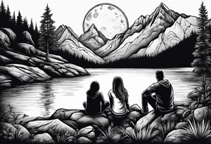 a family of three sitting in a nature with mountains, waterfall, water, and a cross in the background and and moon in the sky with stars tattoo idea