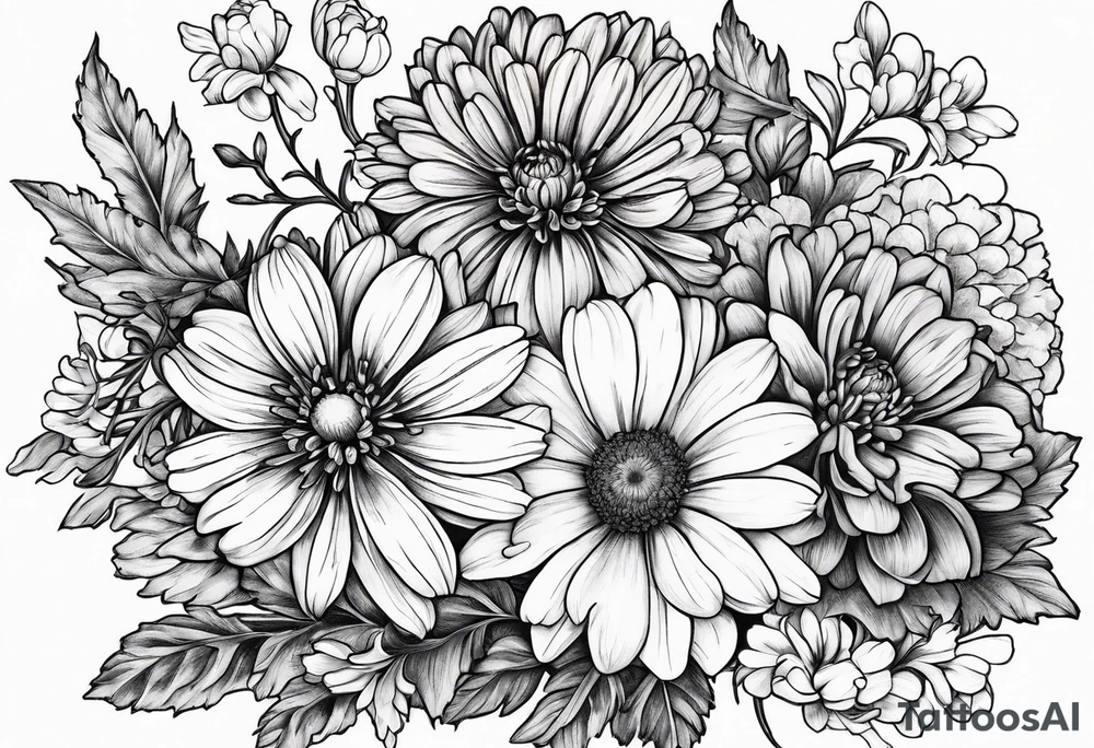 A stemless marigold, chrysanthemum, and 
narcissus tattoo idea