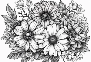 A stemless marigold, chrysanthemum, and 
narcissus tattoo idea