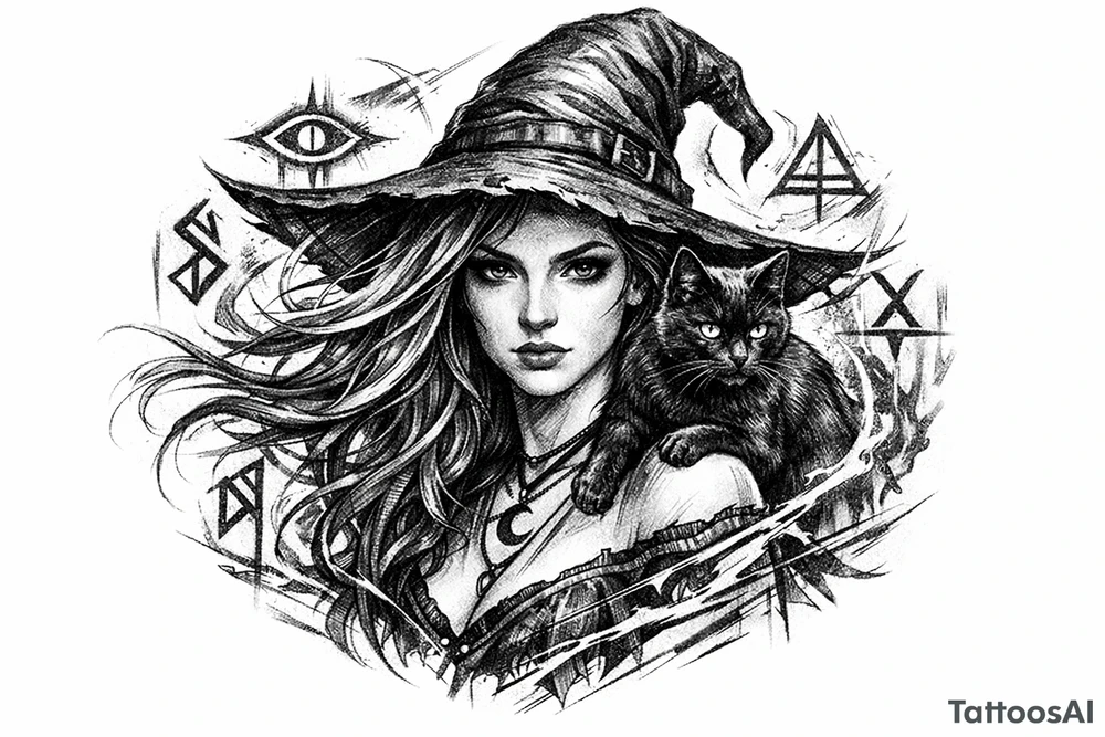 Young witch with flowing hair, a black cat perched on her shoulder, surrounded by glowing magical runes. tattoo idea