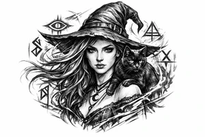 Young witch with flowing hair, a black cat perched on her shoulder, surrounded by glowing magical runes. tattoo idea