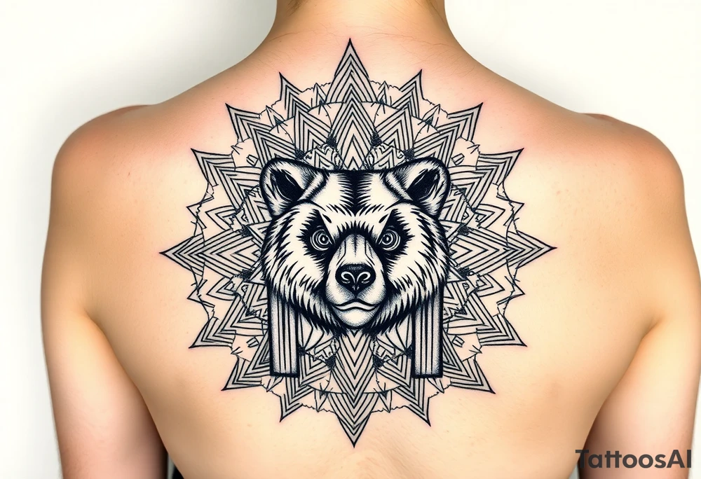 intricate mandala with sacred geometry and cosmic elements and a guy in an electric chair and his eyes are blown out but a face like a short nosed bear bear tattoo idea