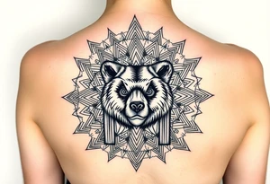 intricate mandala with sacred geometry and cosmic elements and a guy in an electric chair and his eyes are blown out but a face like a short nosed bear bear tattoo idea