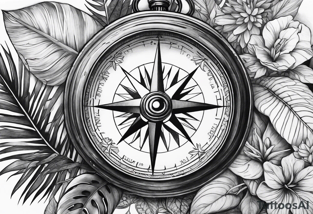 full sleeve tattoo, jungle plants, compass with eye inside compass tattoo idea