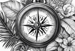 full sleeve tattoo, jungle plants, compass with eye inside compass tattoo idea