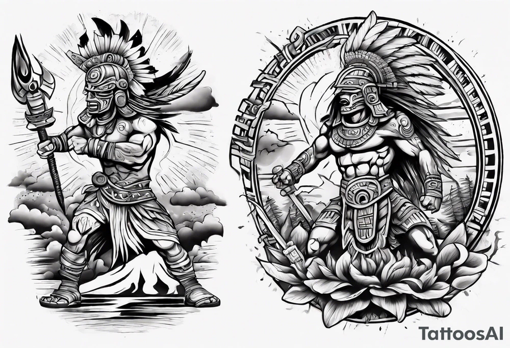 tattoo mayan warrior fighting against the gods as the sunrise from the ground tattoo idea