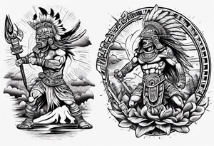 tattoo mayan warrior fighting against the gods as the sunrise from the ground tattoo idea
