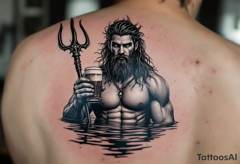 young, fit poseidon in calm water, holding a trident, holding a beer, looking in your eyes tattoo idea