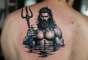 young, fit poseidon in calm water, holding a trident, holding a beer, looking in your eyes tattoo idea