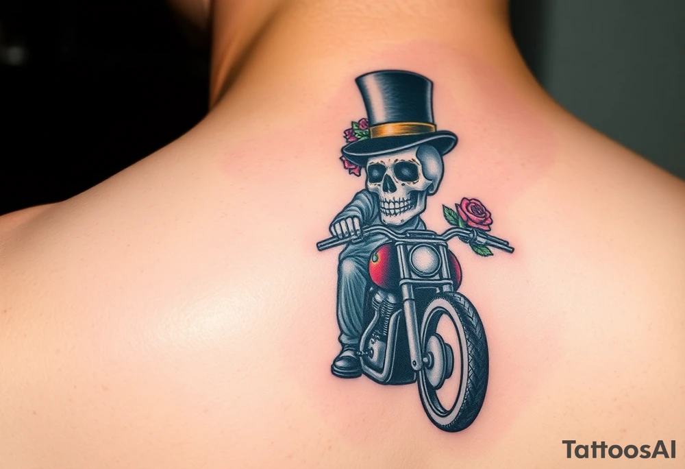 create an decorated "day of the dead skull" wearing a top hat with roses who is riding a retro motorcycle tattoo idea