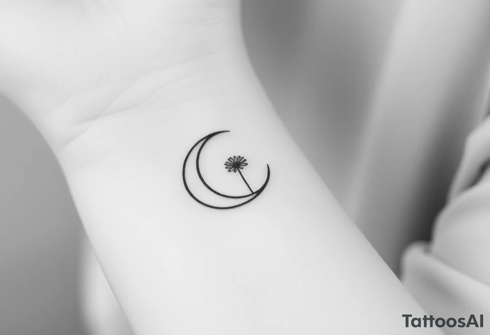 Small black and white tattoo waxing crescent moon with small Daisy birth flower and tiny leo gliph tattoo idea