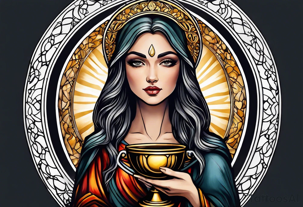 woman saint holding chalice surrounded by golden halo tattoo idea
