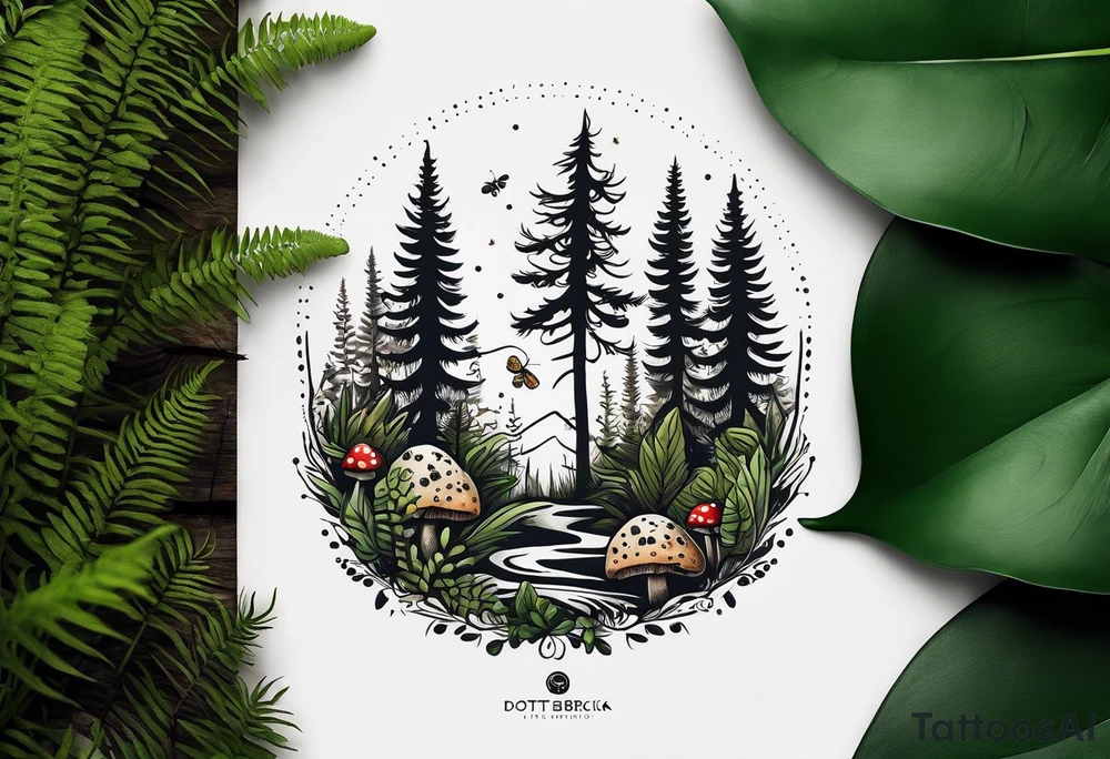 minimalistic forest floor inspired tattoo, which includes grass, moss, curly ferns and dead leaves as the bulk of the tattoo. details to include: forest berries, couple of very small brown mushrooms, a tiny bumblebee flying nearby tattoo idea