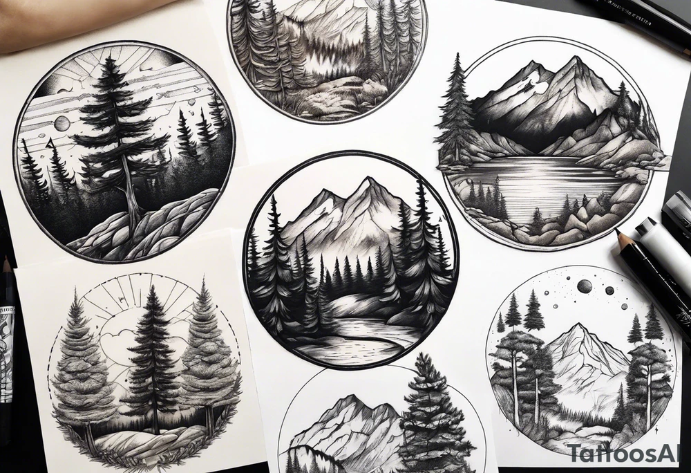small circle shape trees mountain tattoo idea