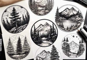 small circle shape trees mountain tattoo idea