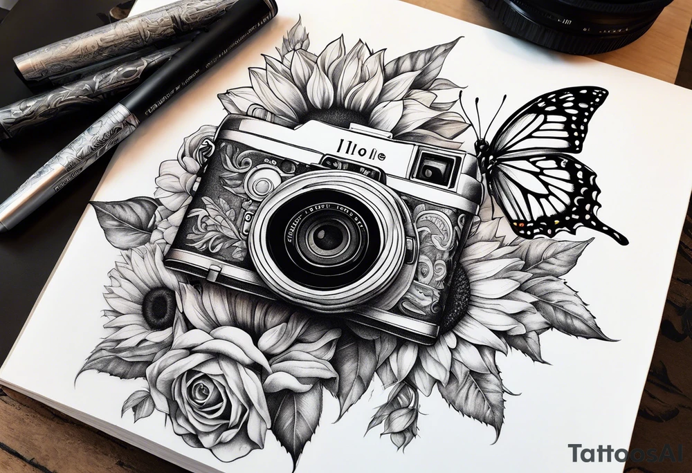 Butterfly, sunflower, camera, book, flower rose tattoo idea Butterfly, sunflower, camera, book, flower rose tattoo idea