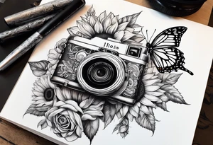 Butterfly, sunflower, camera, book,  flower rose tattoo idea
