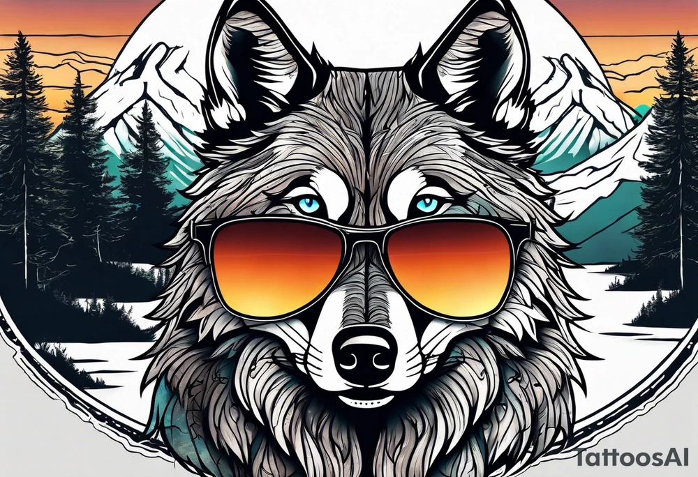 Badass wolf wearing sunglasses
Dark woods
Mountain peaks
Sunset tattoo idea