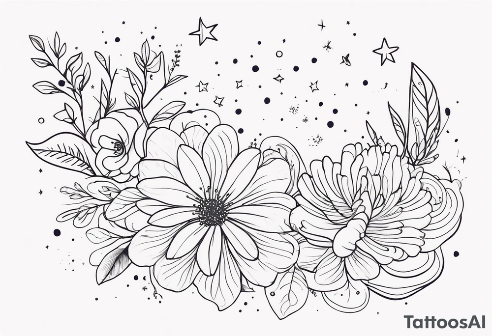 fine line floral with stars, swirls, dots tattoo idea