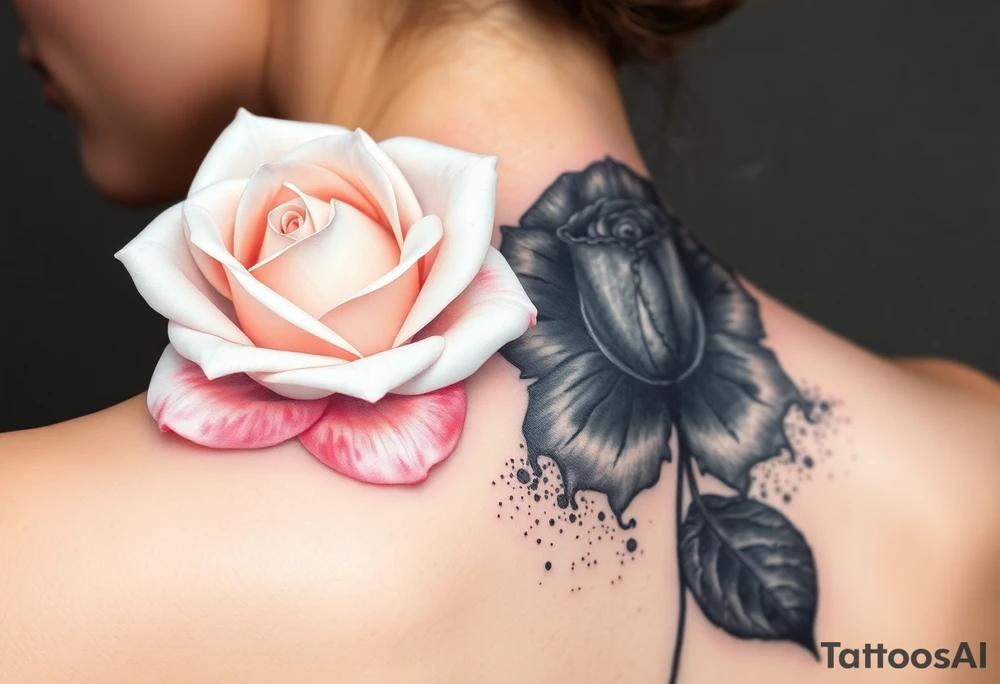 A pure white rose with soft pink highlights, symbolizing innocence and love, contrasted against a wilted black rose, its petals falling apart and turning to dust, in deep shades of gray and black, symbolizing death and decay. tattoo idea