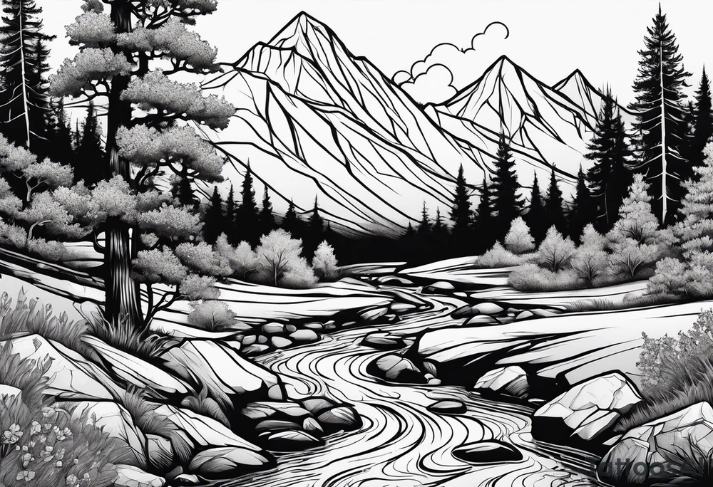 Mountain stream in an oak forest tattoo idea