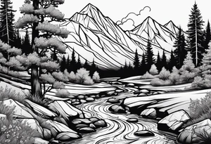 Mountain stream in an oak forest tattoo idea