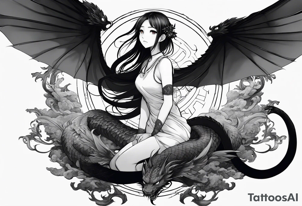 a full shot of an anime girl seen from far, sitting on a ball and surrounded by asian dragon with wings tattoo idea