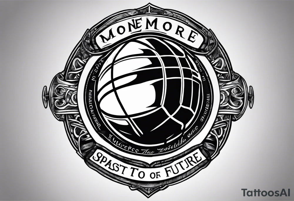 A thigh tattoo of the name Moore and also says from the past we rise to our future somehow tie a small basketball into it tattoo idea