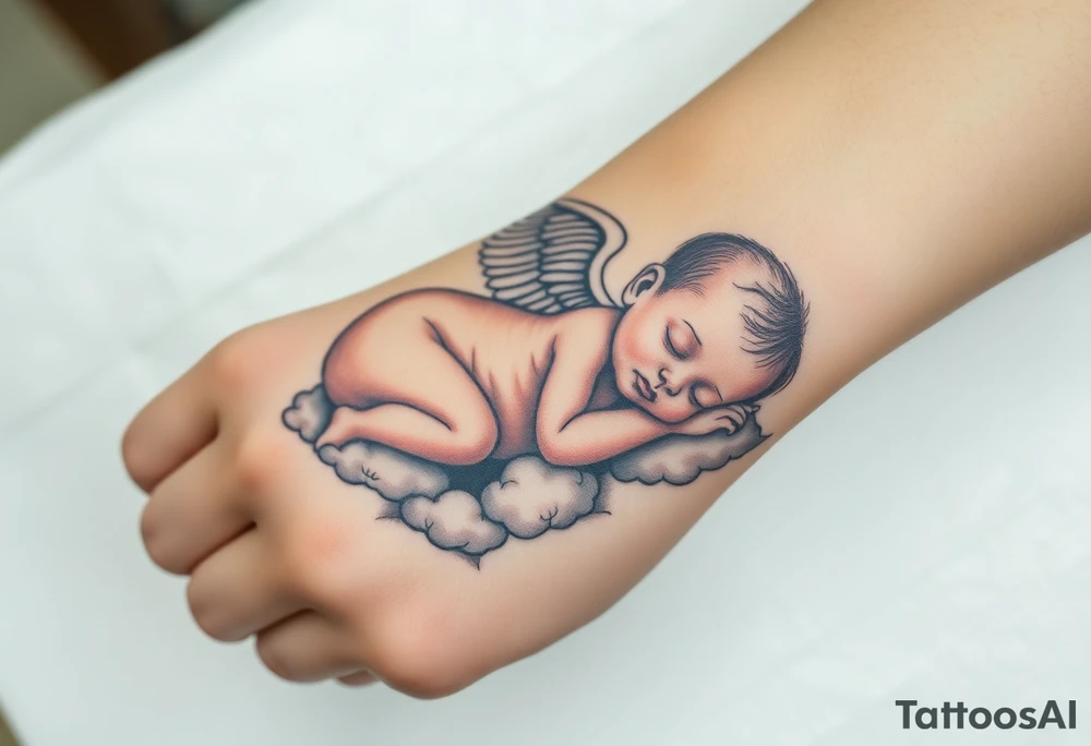 Sleeping Winged baby, laying on the clouds tattoo idea