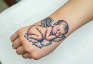 Sleeping Winged baby, laying on the clouds tattoo idea