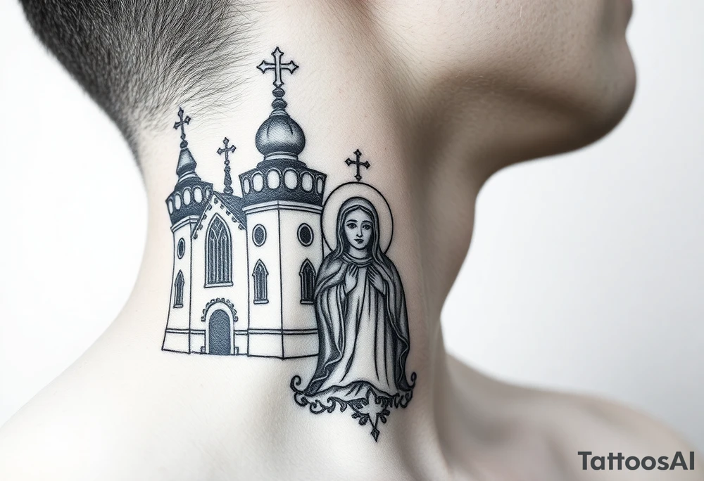 medium traditional russian orthodox church with russian coat arms and virgin mary on the side of your neck tattoo idea