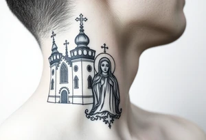 medium traditional russian orthodox church with russian coat arms and virgin mary on the side of your neck tattoo idea