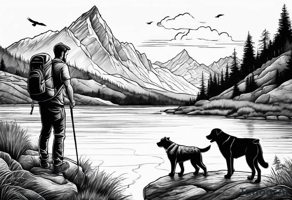 nature, sunset, mountains, a father and son hiking with their dog and cat by the water tattoo idea